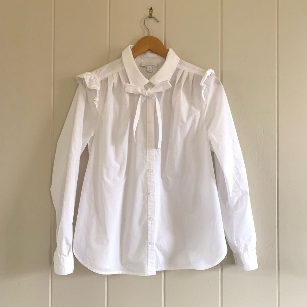 Cotton poplin button down with ruffle and bow details! Size medium GUC